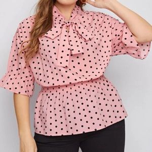 NWOT Plus Size Pink & Black Polka Dot Tie Neck Peplum Blouse